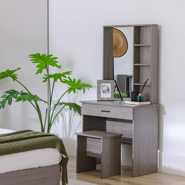 Gamorah 180x200 King Bed Set+1 Nightstand + Dresser/Mirror & Stool - Warm Grey - With 2-Year Warranty