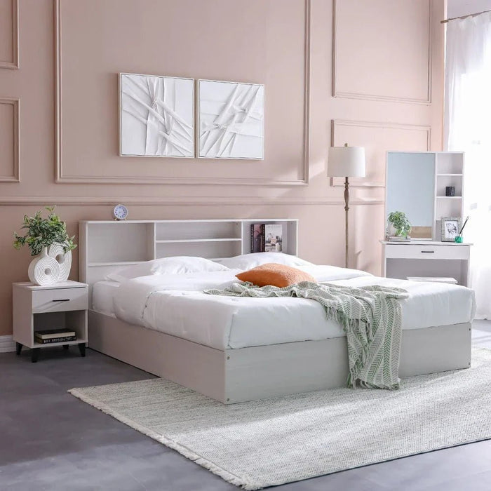 Gamorah 180X200 King Bed Set+1 Nightstand + Dresser/Mirror & Stool - Washed White - With 2-Year Warranty