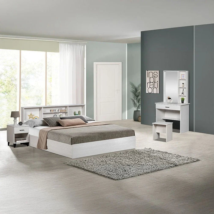 Gamorah 180X200 King Bed Set+1 Nightstand + Dresser/Mirror & Stool - Washed White - With 2-Year Warranty