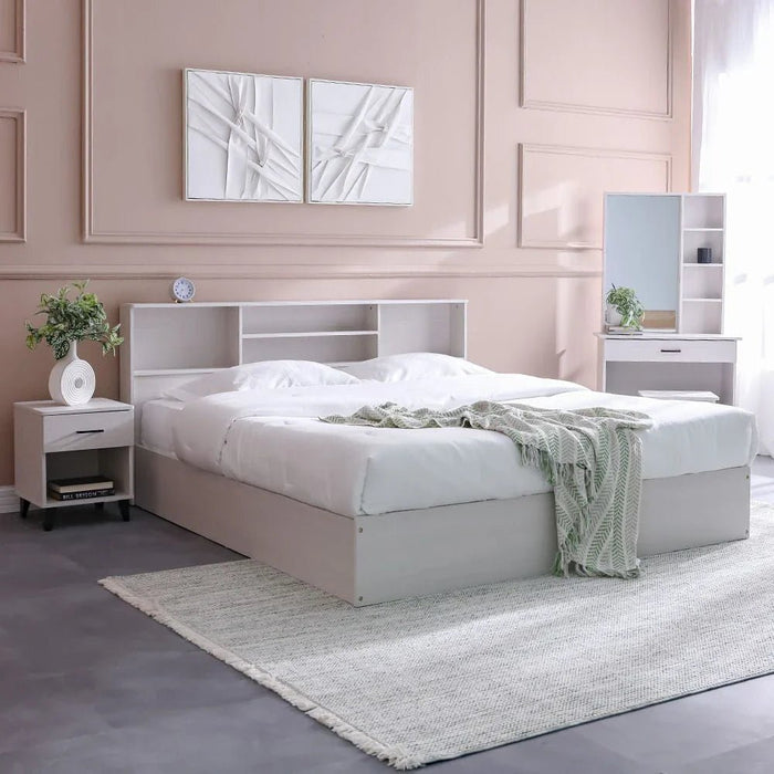 Gamorah 180X200 King Bed Set+1 Nightstand + Dresser/Mirror & Stool - Washed White - With 2-Year Warranty