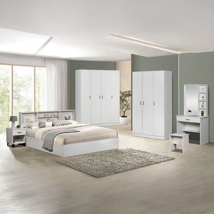 Gamorah 180X200 King Bed Set+1 Nightstand + Dresser/Mirror & Stool - Washed White - With 2-Year Warranty