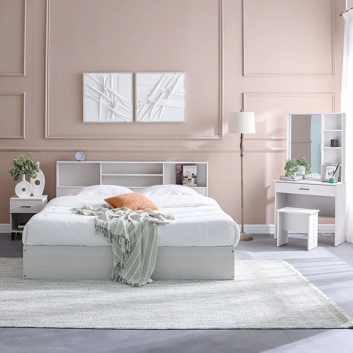 Gamorah 180X200 King Bed Set+1 Nightstand + Dresser/Mirror & Stool - Washed White - With 2-Year Warranty