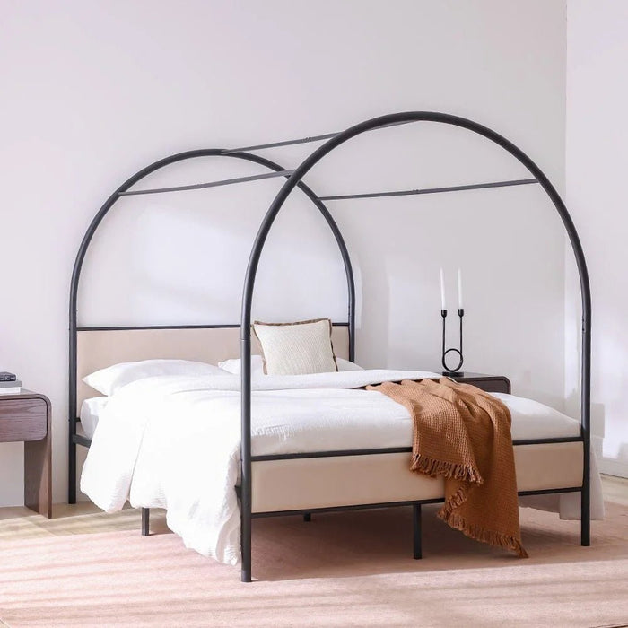 Cassie 160x200 Metal Arch Canopy Bed - Queen Size - Black & Cream - With 2-Year Warranty