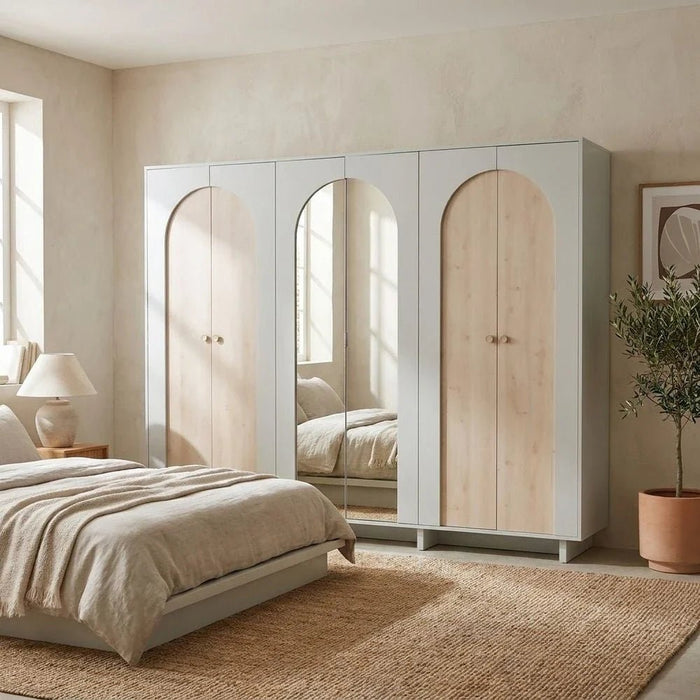 Reena 6 Door Wardrobe With 2 Mirror-Dark Biege/Natural