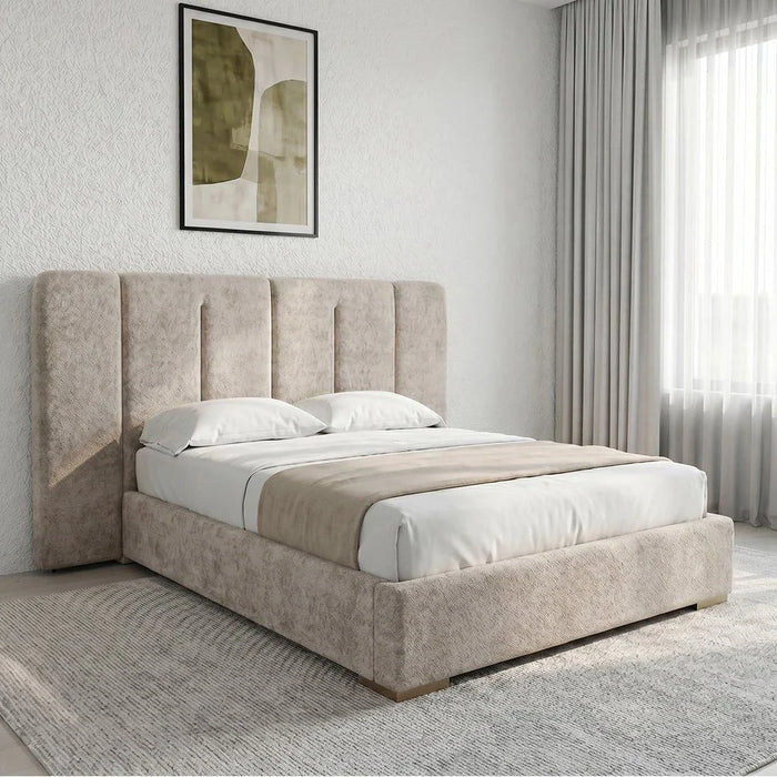 BraxtonÊ160x200 Upholstered Queen Bed with Hydraulic Storage & Foldable Headboard- Brown/Brass - With 2-Year Warranty
