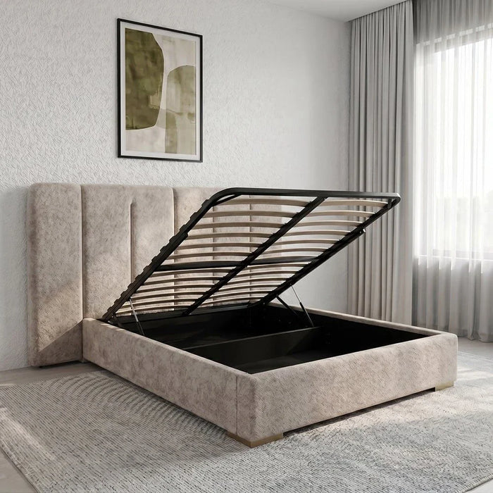 BraxtonÊ160x200 Upholstered Queen Bed with Hydraulic Storage & Foldable Headboard- Brown/Brass - With 2-Year Warranty