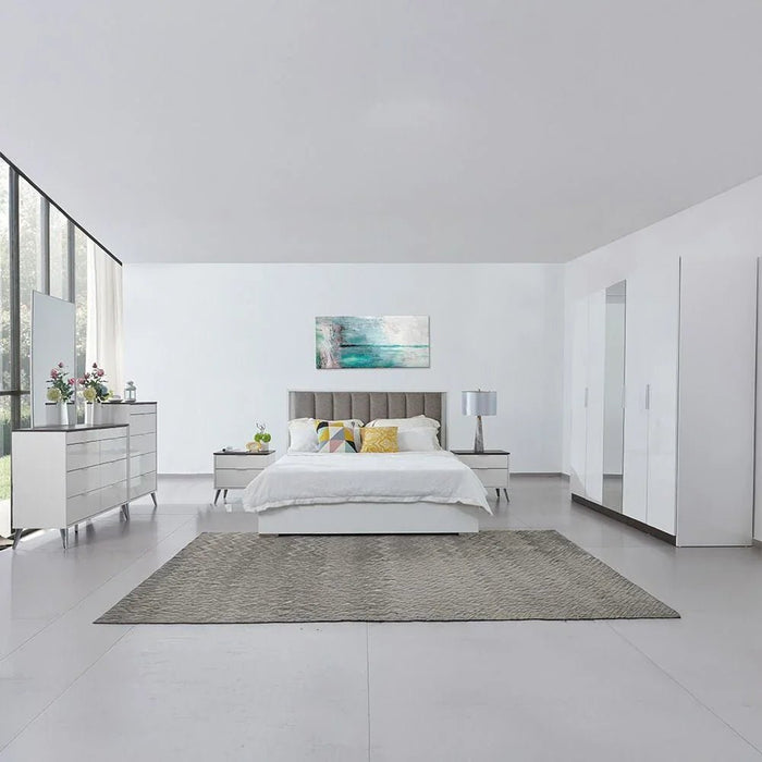 Sparkle 160x200 Queen Bed with Upholstered Headboard & LED - High Gloss White & Beige - With 2-Year Warranty