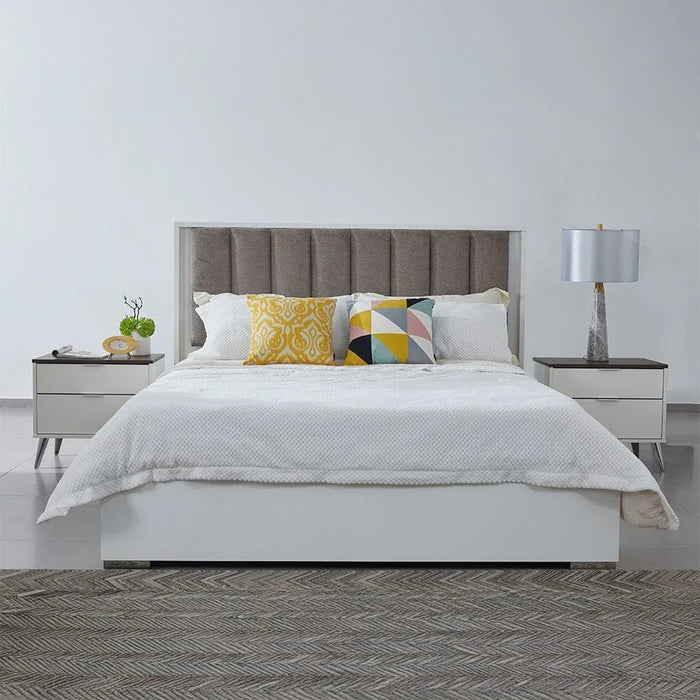 Sparkle 160x200 Queen Bed with Upholstered Headboard & LED - High Gloss White & Beige - With 2-Year Warranty