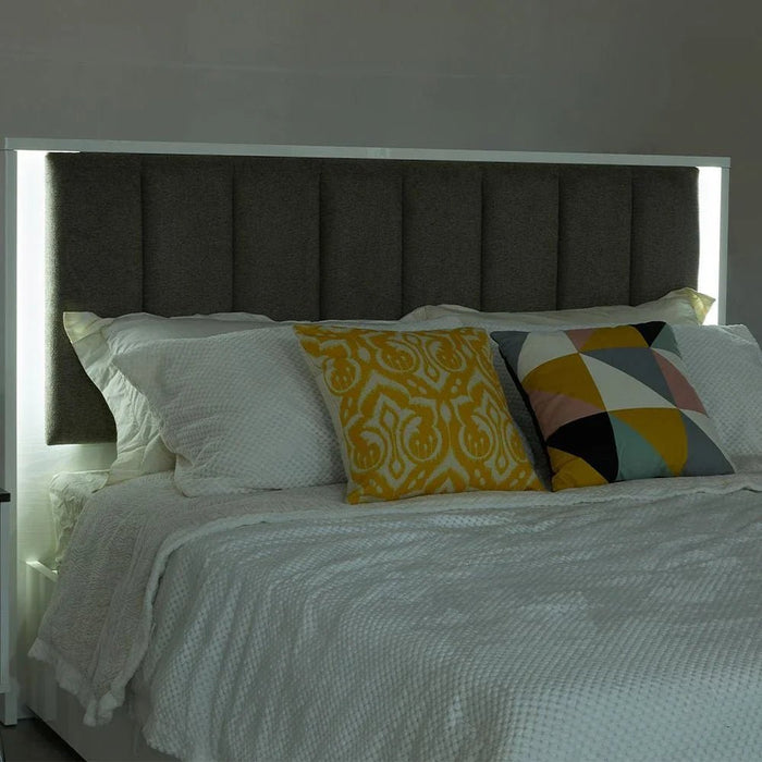 Sparkle 160x200 Queen Bed with Upholstered Headboard & LED - High Gloss White & Beige - With 2-Year Warranty