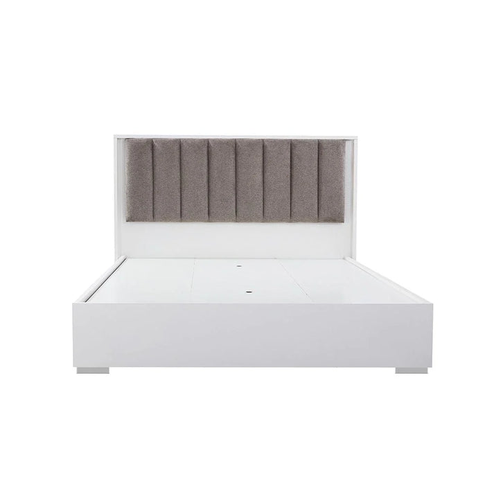 Sparkle 160x200 Queen Bed with Upholstered Headboard & LED - High Gloss White & Beige - With 2-Year Warranty