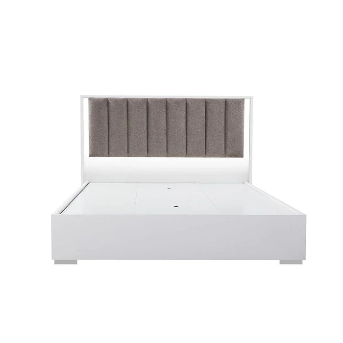 Sparkle 160x200 Queen Bed with Upholstered Headboard & LED - High Gloss White & Beige - With 2-Year Warranty