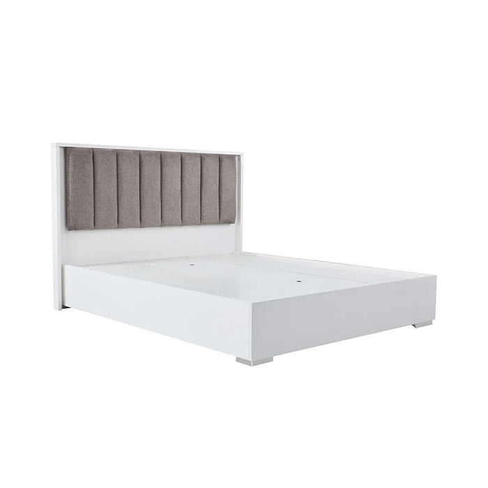 Sparkle 160x200 Queen Bed with Upholstered Headboard & LED - High Gloss White & Beige - With 2-Year Warranty