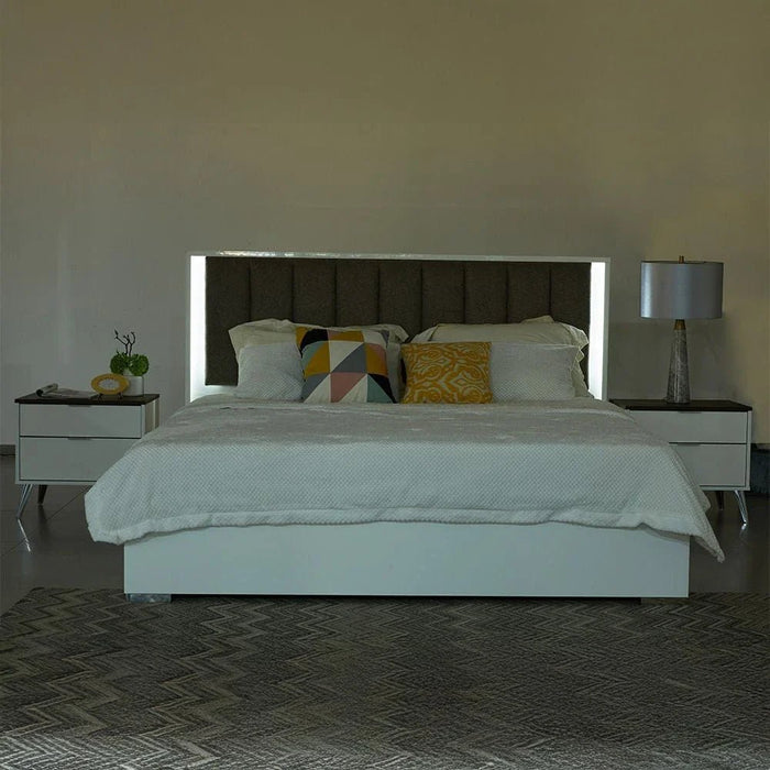 Sparkle 160x200 Queen Bed with Upholstered Headboard & LED - High Gloss White & Beige - With 2-Year Warranty