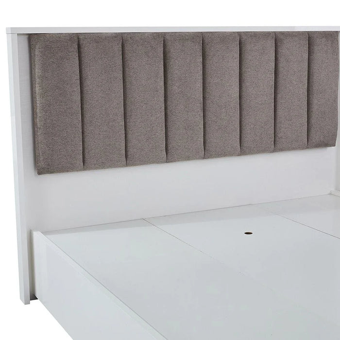 Sparkle 160x200 Queen Bed with Upholstered Headboard & LED - High Gloss White & Beige - With 2-Year Warranty