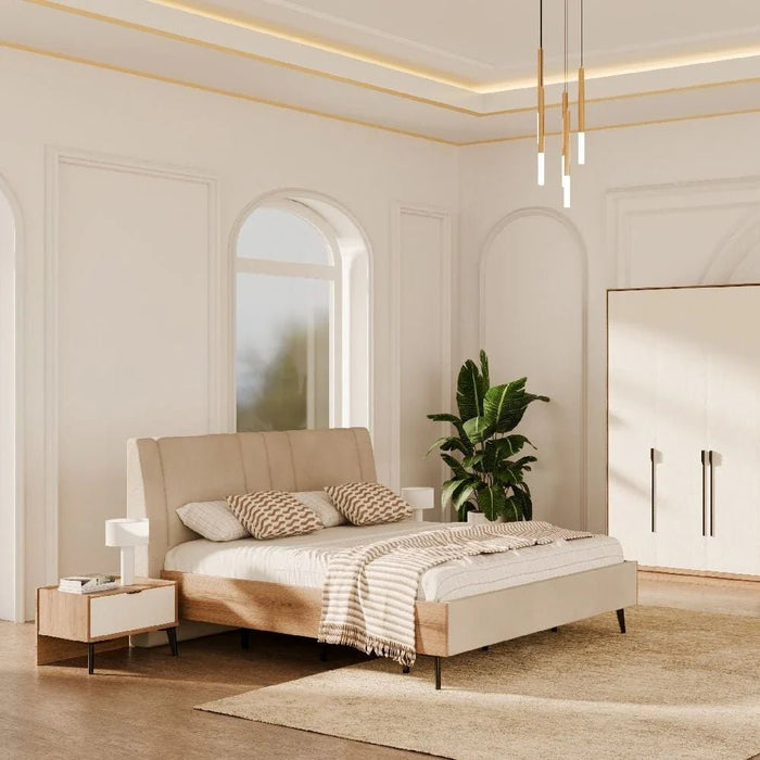 Amara 180x200 Upholstered King Bed - Oak/Beige - With 2-Year Warranty