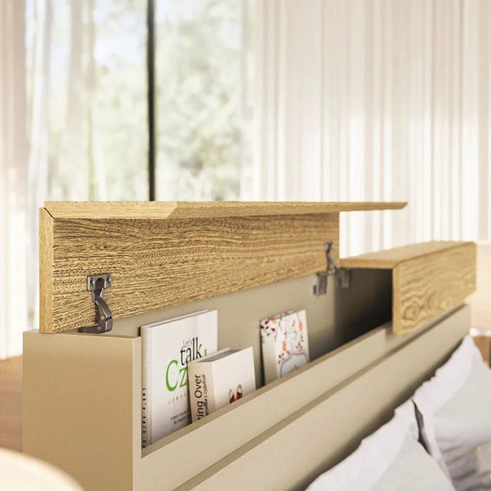 Bellano 160x200 Queen Bed With Headboard Storage - Taupe/Oak
