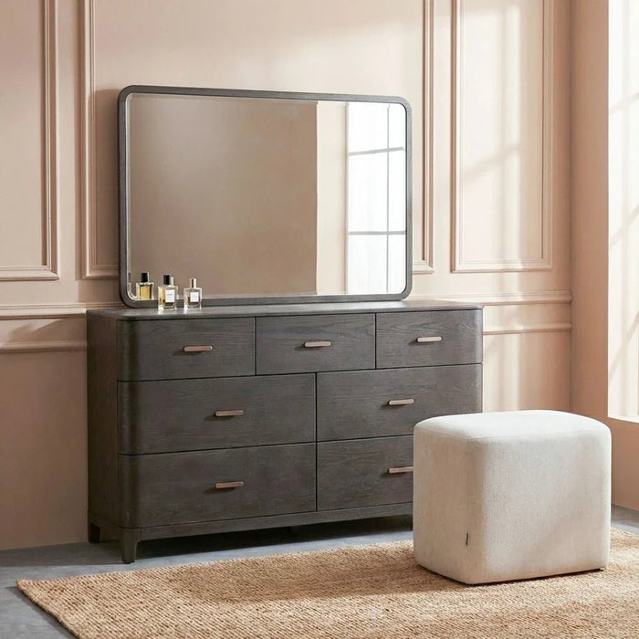 Tokishi 180X200 Upholestred King Bed Set With 2 Night Stand and Dresser Mirror Stool Solid Wood-Dark Wenge/Brushed Bronze