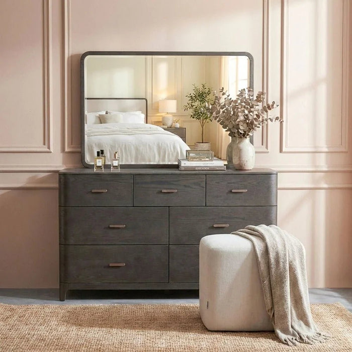Tokishi 180X200 Upholestred King Bed Set With 2 Night Stand and Dresser Mirror Stool Solid Wood-Dark Wenge/Brushed Bronze