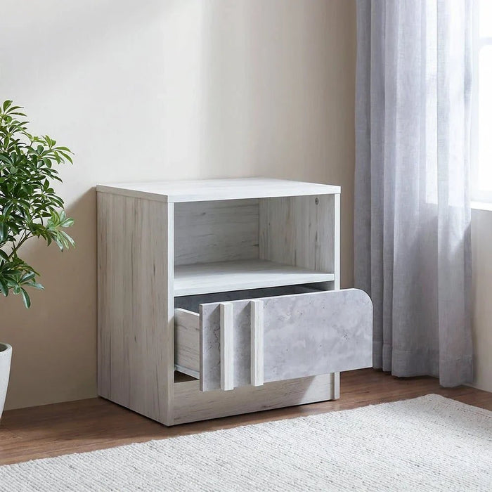 Kentorp 180x200 King Bed+1 Nightstand + Dresser/Mirror & Stool - Light Oak/Cement - With 2-Year Warranty