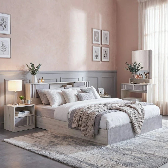 Kentorp 180x200 King Bed+1 Nightstand + Dresser/Mirror & Stool - Light Oak/Cement - With 2-Year Warranty