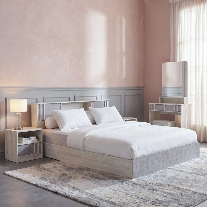 Kentorp 180x200 King Bed+1 Nightstand + Dresser/Mirror & Stool - Light Oak/Cement - With 2-Year Warranty