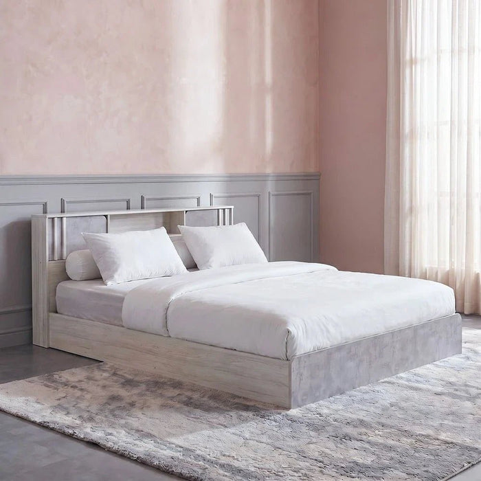 Kentorp 180x200 King Bed+1 Nightstand + Dresser/Mirror & Stool - Light Oak/Cement - With 2-Year Warranty