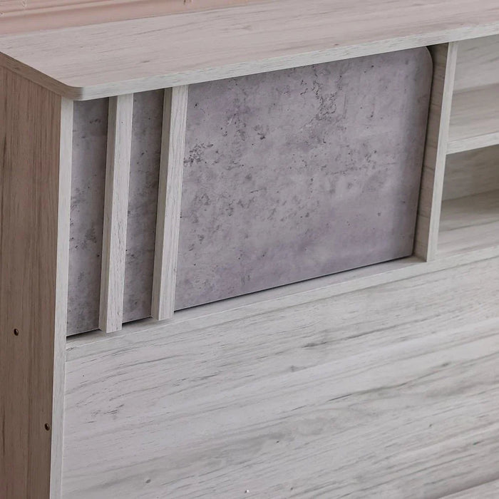 Kentorp 180x200 King Bed+1 Nightstand + Dresser/Mirror & Stool - Light Oak/Cement - With 2-Year Warranty