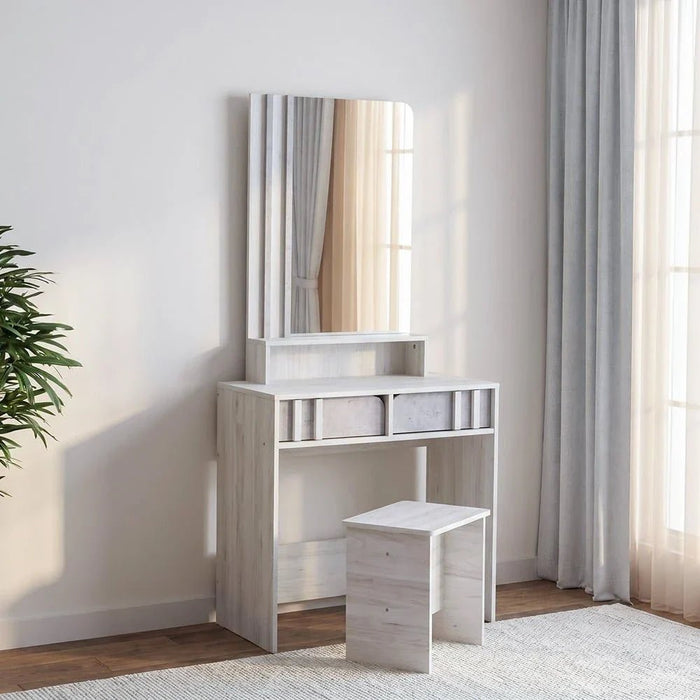Kentorp 180x200 King Bed+1 Nightstand + Dresser/Mirror & Stool - Light Oak/Cement - With 2-Year Warranty
