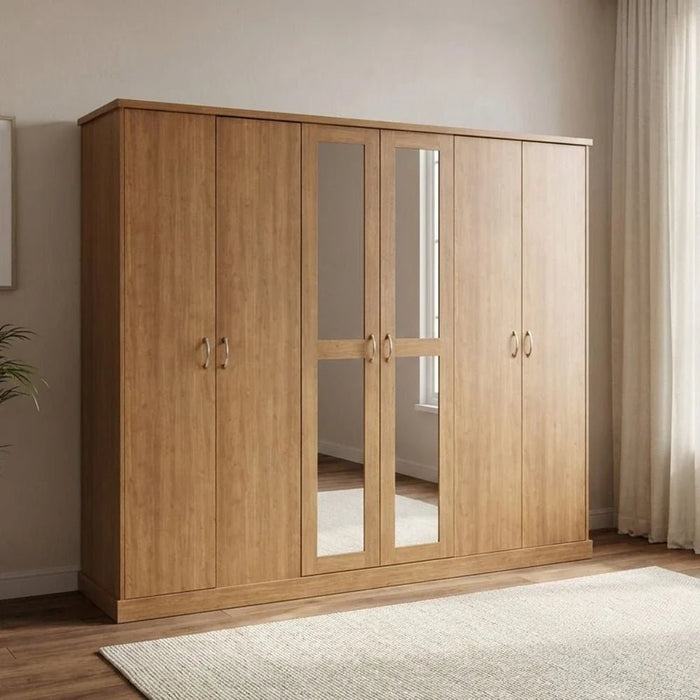 Zirco 6-Door Wardrobe-Brown Oak-With 2-Year Warranty