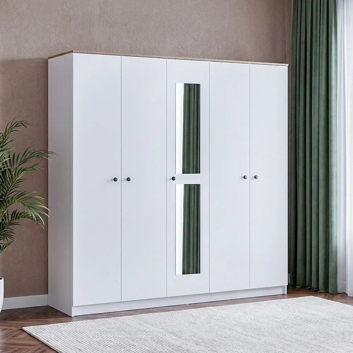 Pera 5 Door Wardrobe-White/Light Oak _ With 2-Year Warranty