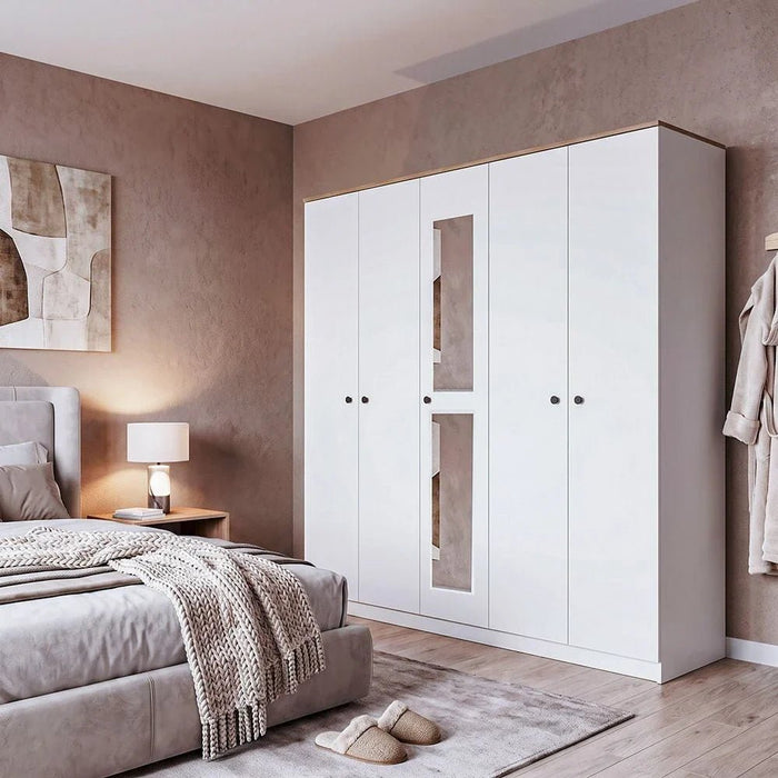 Pera 5 Door Wardrobe-White/Light Oak _ With 2-Year Warranty