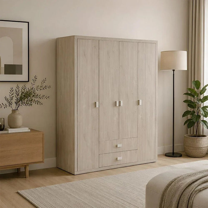 Tisley 4-Door Wardrobe - Light Oak - With 2-Year Warranty