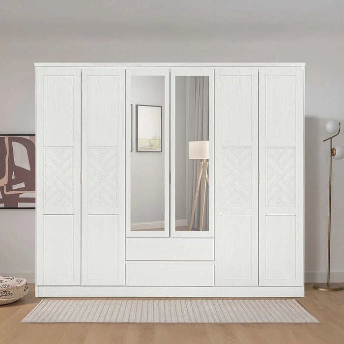 Casablanca 6 Door Wardrobe With 2 Drawers & Mirrors-White Oak