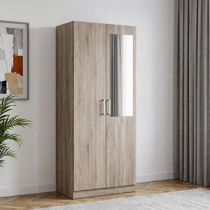 Supreme 2-Door Wardrobe with Mirror-French Sonoma Oak-With 2-Year Warranty