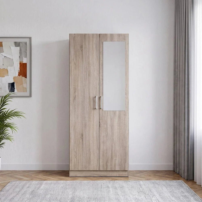 Supreme 2-Door Wardrobe with Mirror-French Sonoma Oak-With 2-Year Warranty