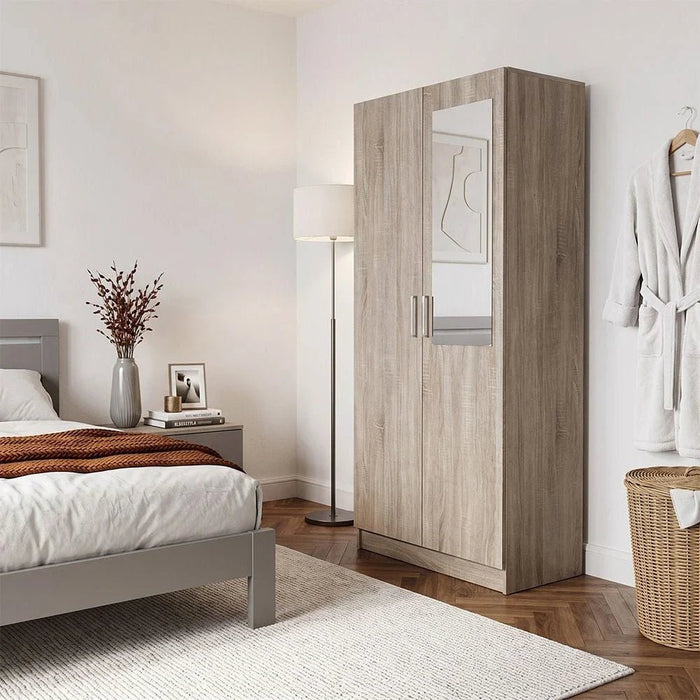 Supreme 2-Door Wardrobe with Mirror-French Sonoma Oak-With 2-Year Warranty