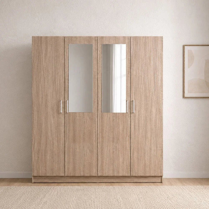 Supreme 4-Door Wardrobe with Mirror-French Sonoma Oak-With 2-Year Warranty