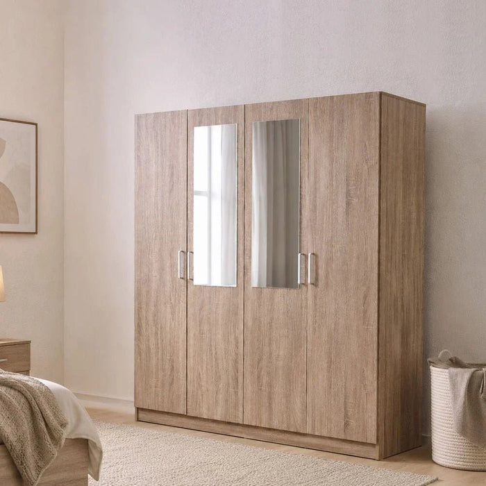 Supreme 4-Door Wardrobe with Mirror-French Sonoma Oak-With 2-Year Warranty