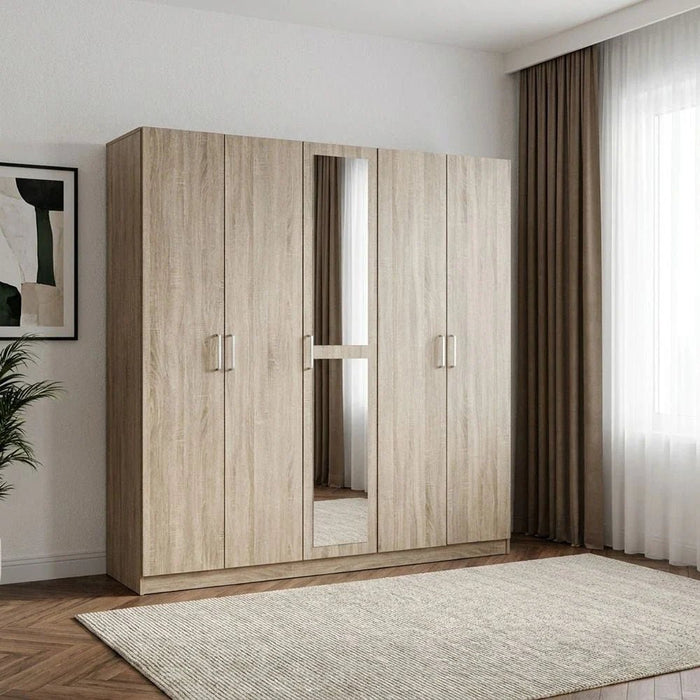Supreme 5-Door Wardrobe with Mirror-French Sonoma Oak-With 2-Year Warranty