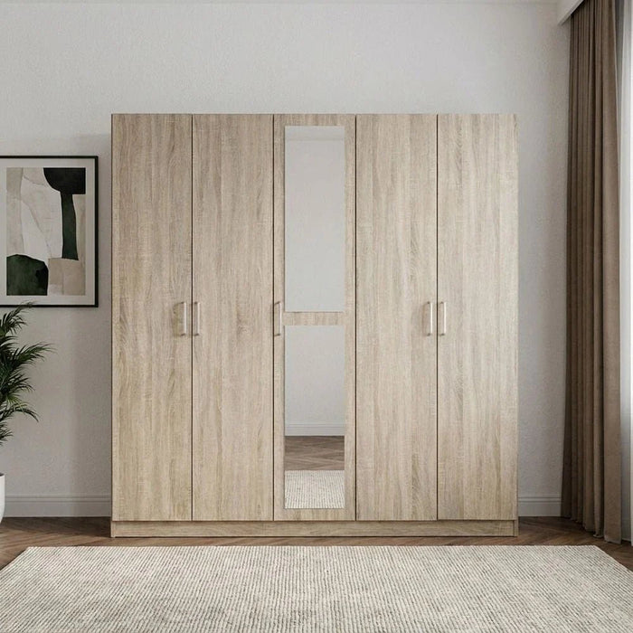 Supreme 5-Door Wardrobe with Mirror-French Sonoma Oak-With 2-Year Warranty