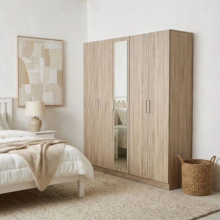 Supreme 5-Door Wardrobe with Mirror-French Sonoma Oak-With 2-Year Warranty