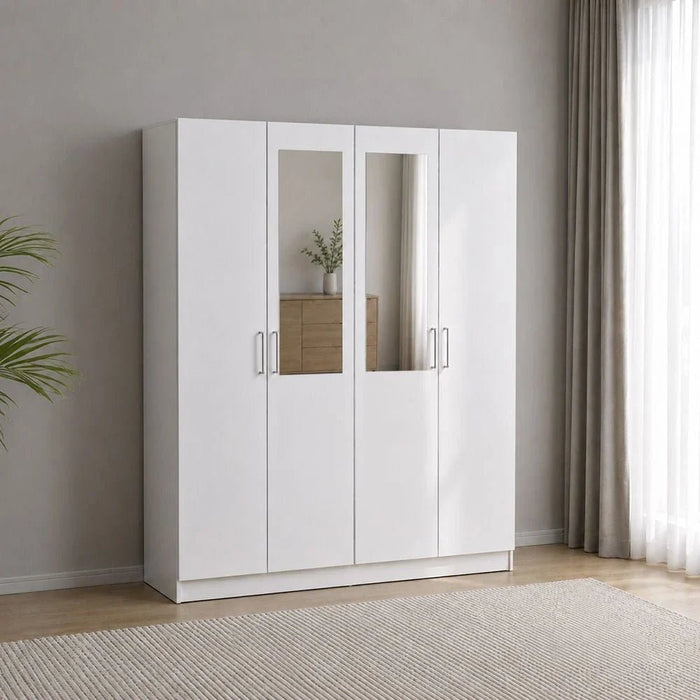 Supreme 4-Door Wardrobe with Mirror-White-With 2-Year Warranty