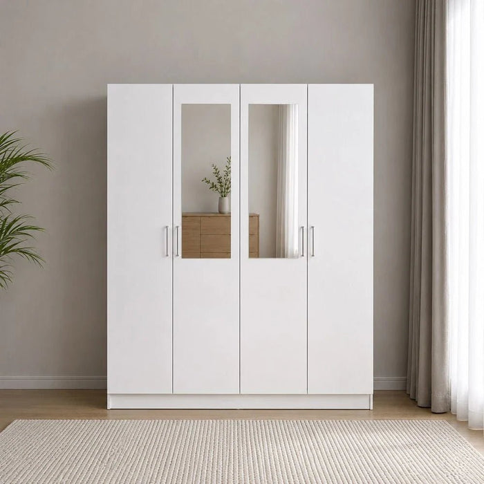 Supreme 4-Door Wardrobe with Mirror-White-With 2-Year Warranty