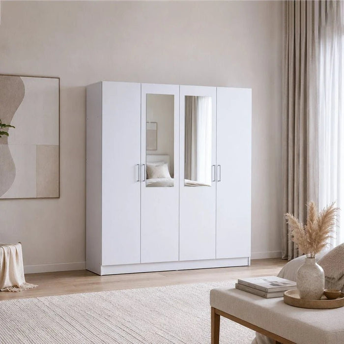 Supreme 4-Door Wardrobe with Mirror-White-With 2-Year Warranty