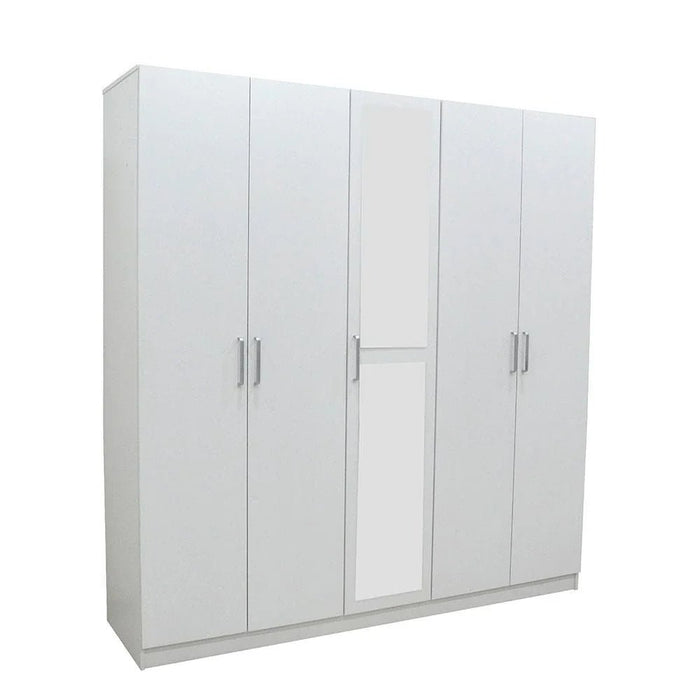 Supreme 5-Door Wardrobe with Mirror-White-With 2-Year Warranty