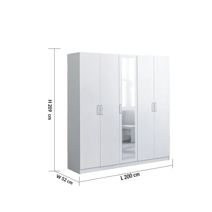 Supreme 5-Door Wardrobe with Mirror-White-With 2-Year Warranty