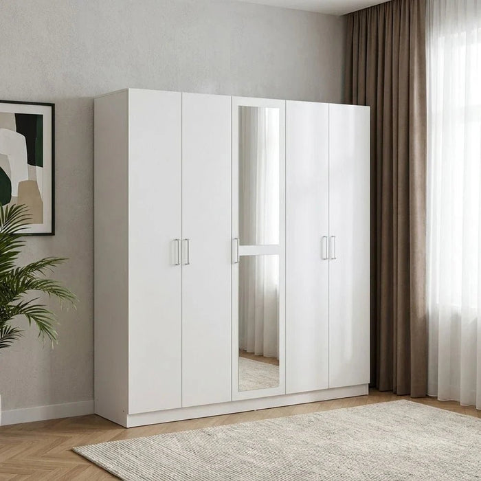 Supreme 5-Door Wardrobe with Mirror-White-With 2-Year Warranty