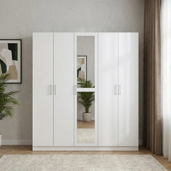 Supreme 5-Door Wardrobe with Mirror-White-With 2-Year Warranty