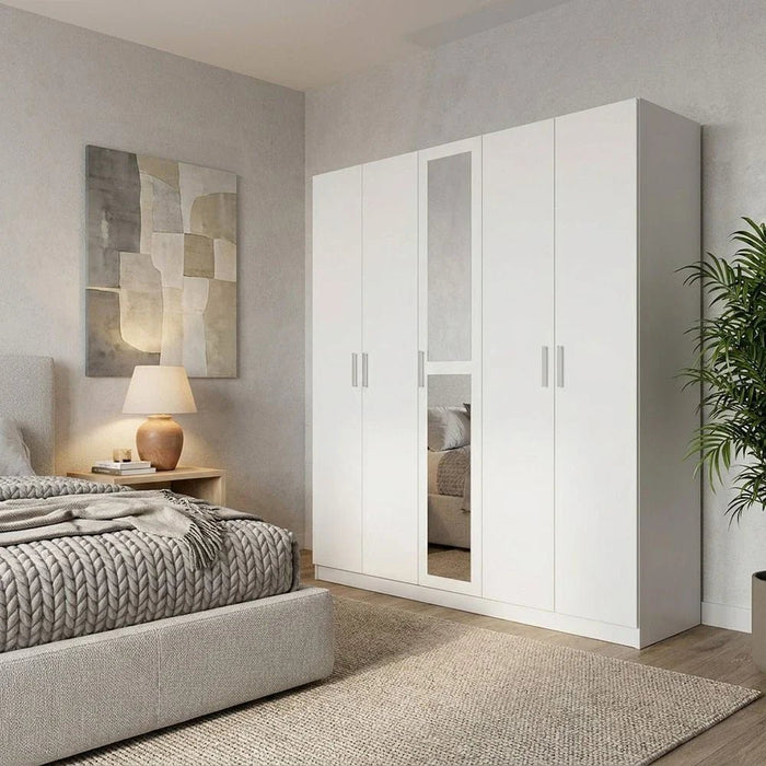 Supreme 5-Door Wardrobe with Mirror-White-With 2-Year Warranty