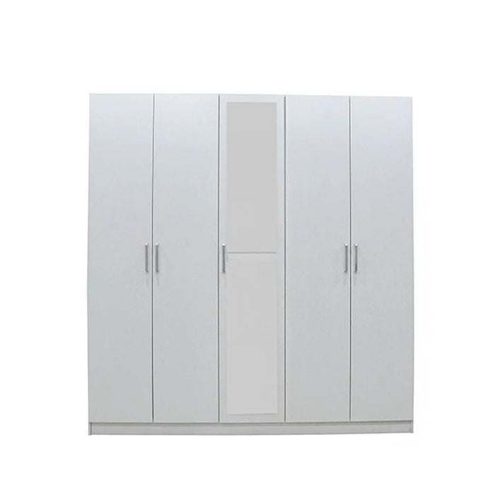 Supreme 5-Door Wardrobe with Mirror-White-With 2-Year Warranty